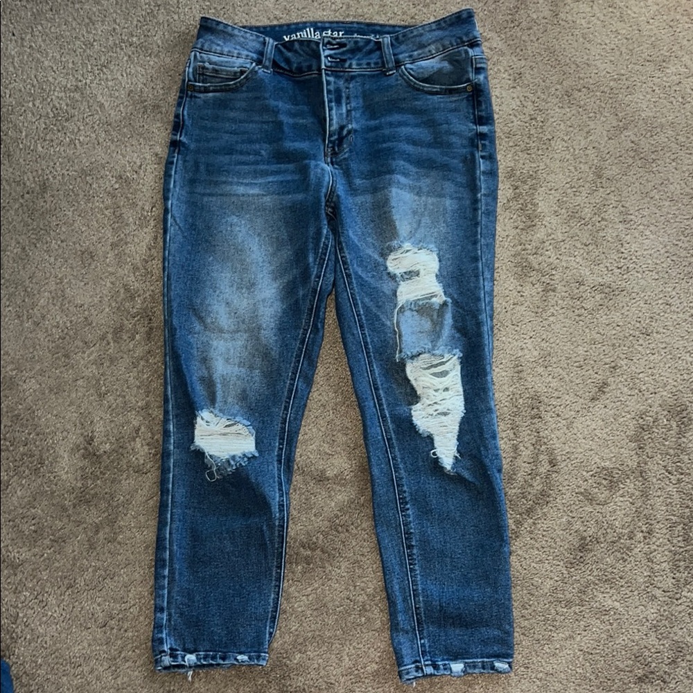 Vanilla Star Mid Rise Skinny Women's Blue Distressed Jeans NWOT